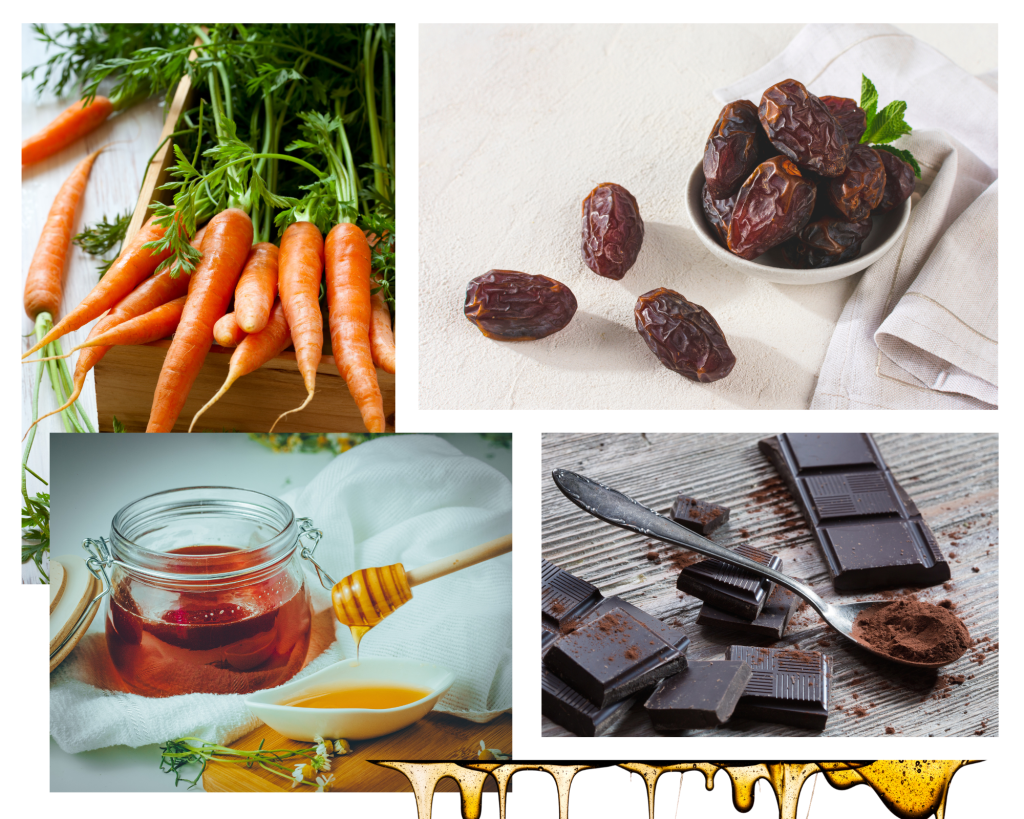 Nutritional benefits of dates, carrots, honey, and dark chocolate
